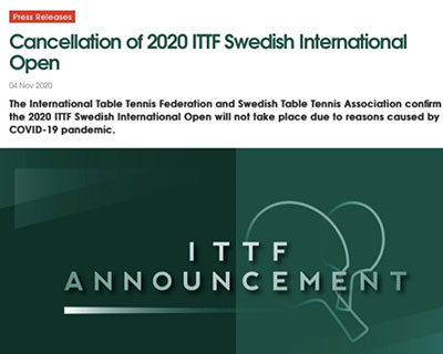 国际乒联取消2020瑞典国际公开赛
