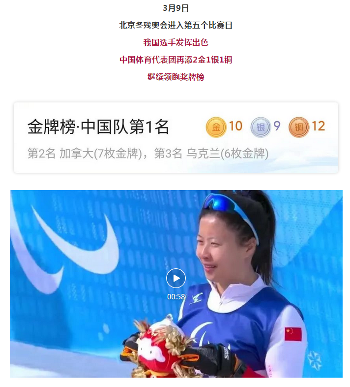 北京冬残奥会第五个比赛日 10金9银12铜 中国队继续领跑奖牌榜
